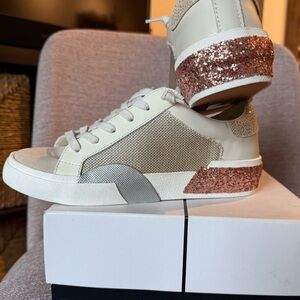 Dolce Vita Cream Sneakers with Rose Gold Glitter Heel